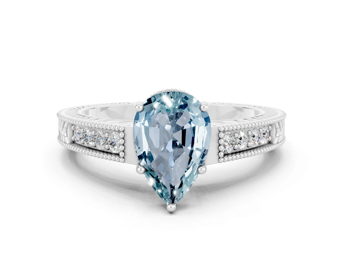White gold Pear Cut Aquamarine Ring with Milgrain Pavé Band and Four-Prong Setting_12