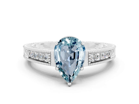 White gold Pear Cut Aquamarine Ring with Milgrain Pavé Band and Four-Prong Setting_12