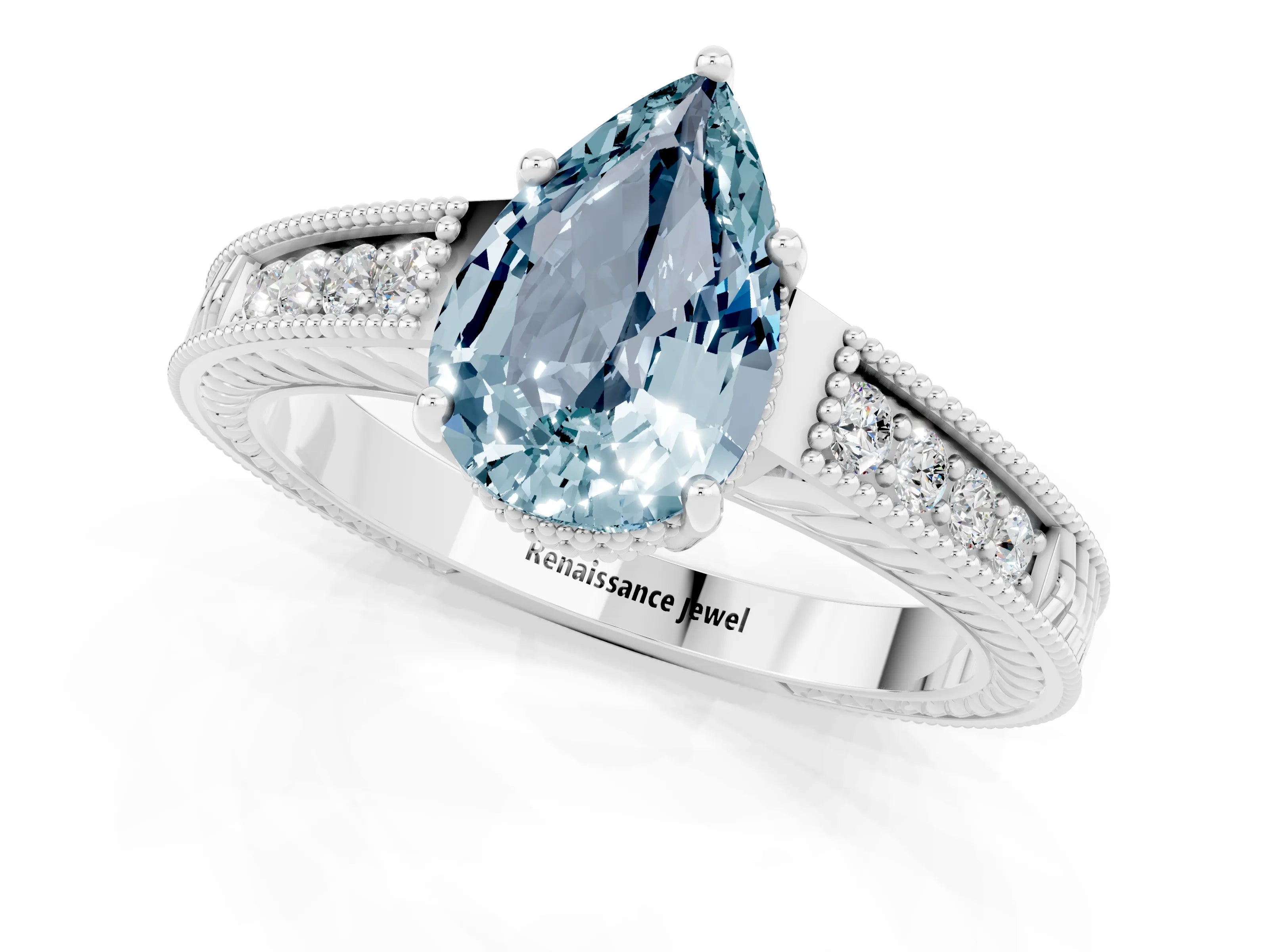 White gold Pear Cut Aquamarine Ring with Milgrain Pavé Band and Four-Prong Setting_13