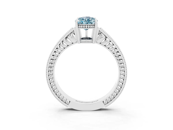 Platinum Pear Cut Aquamarine Ring with Milgrain Pavé Band and Four-Prong Setting