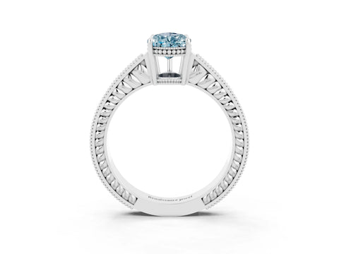 White gold Pear Cut Aquamarine Ring with Milgrain Pavé Band and Four-Prong Setting_15