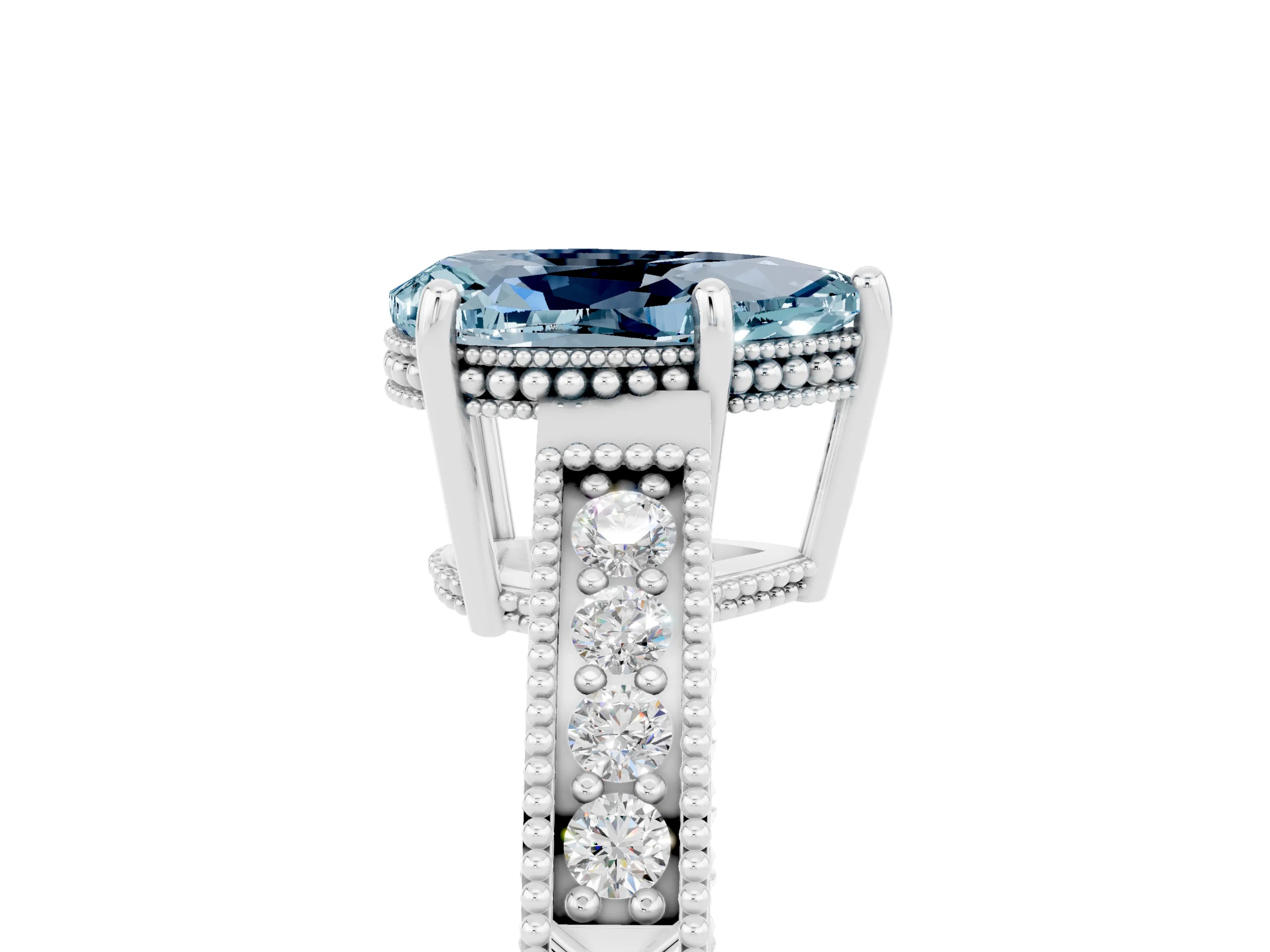 White gold Pear Cut Aquamarine Ring with Milgrain Pavé Band and Four-Prong Setting_17