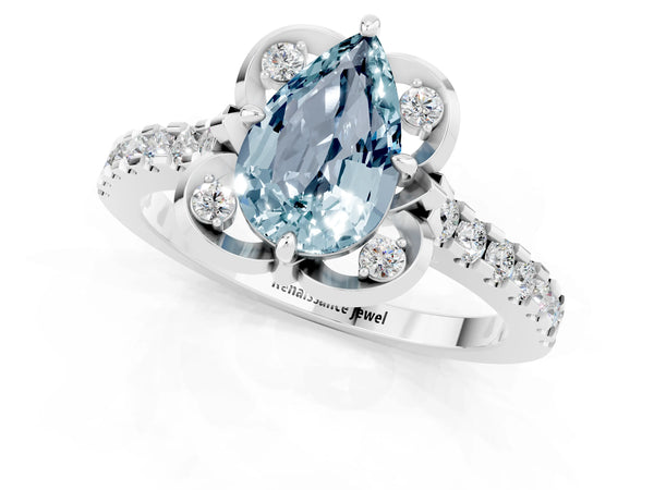 Platinum Pear Cut Aquamarine Ring with Pavé Band and Floral Prong Setting