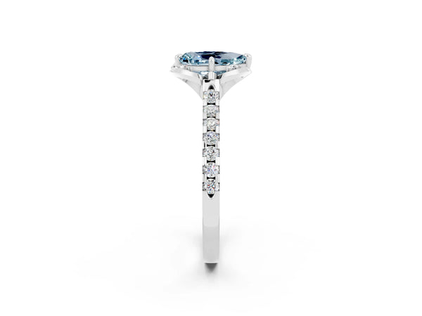 Platinum Pear Cut Aquamarine Ring with Pavé Band and Floral Prong Setting