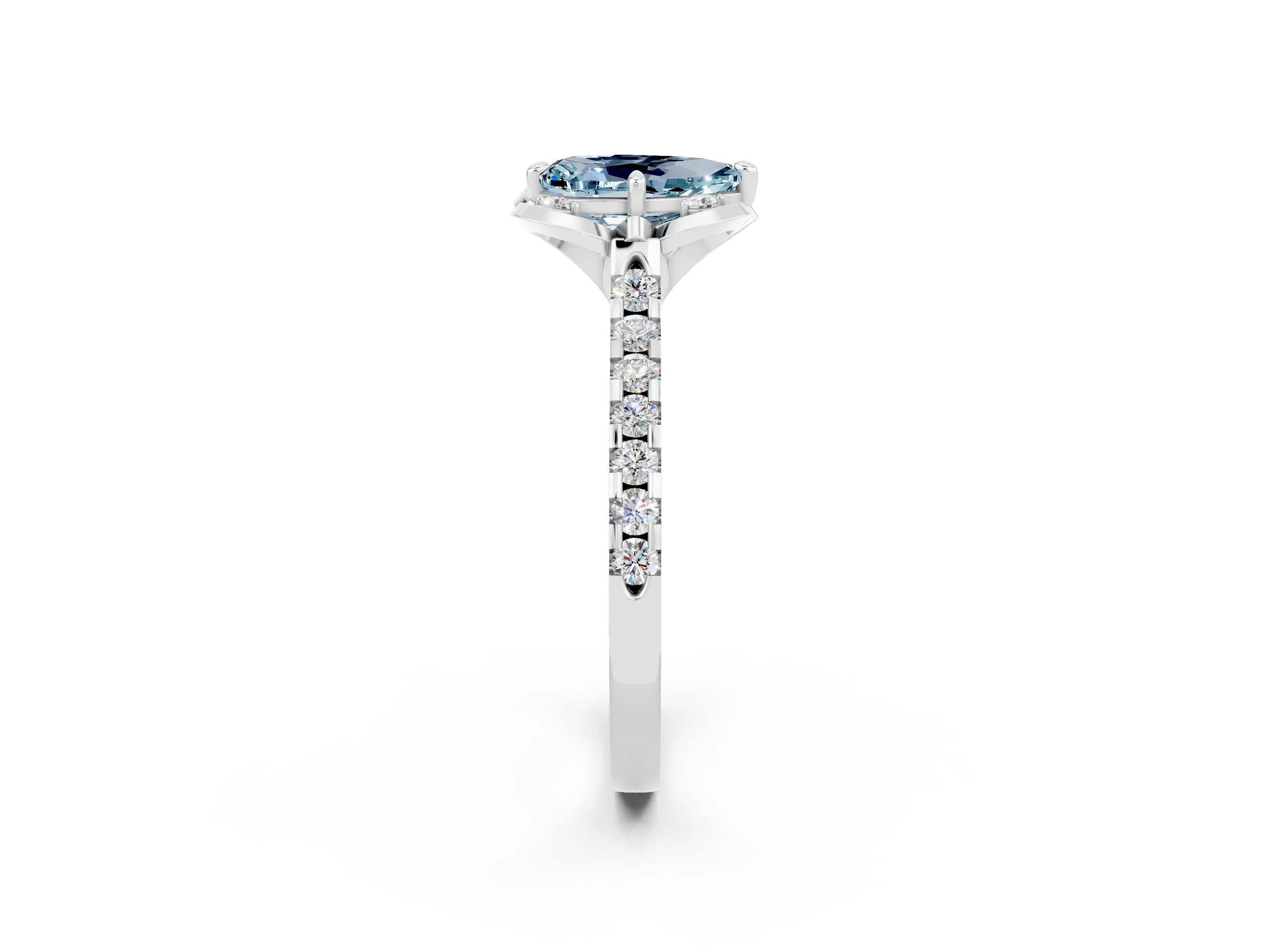 White gold Pear Cut Aquamarine Ring with Pavé Band and Floral Prong Setting_2