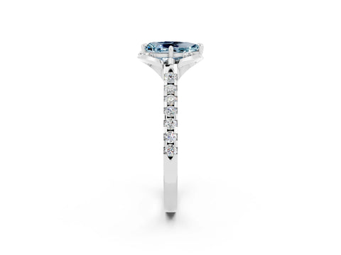 White gold Pear Cut Aquamarine Ring with Pavé Band and Floral Prong Setting_2