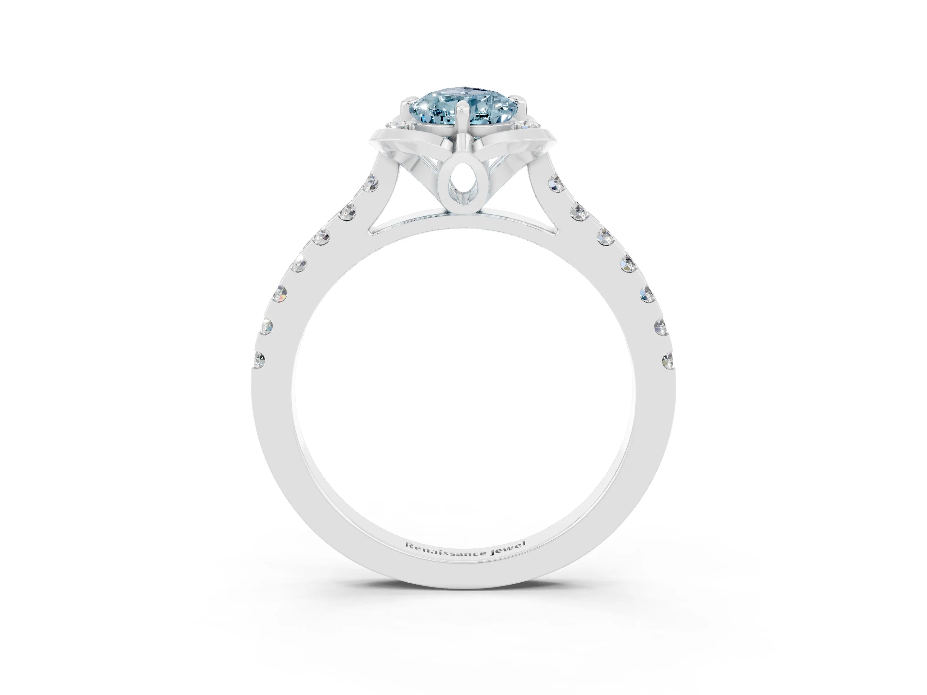 White gold Pear Cut Aquamarine Ring with Pavé Band and Floral Prong Setting_3