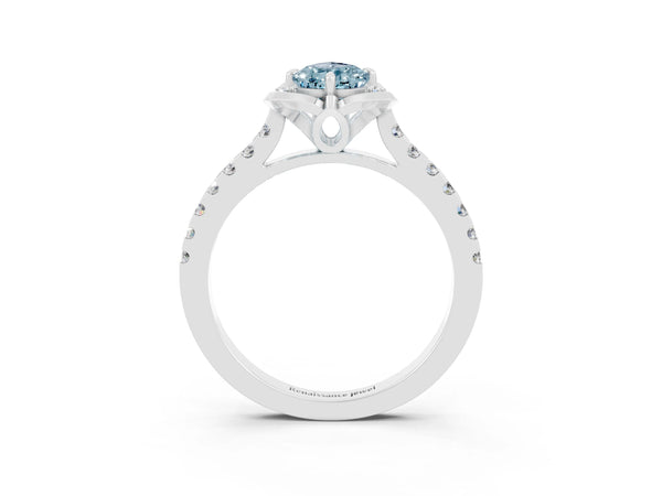 White gold Pear Cut Aquamarine Ring with Pavé Band and Floral Prong Setting