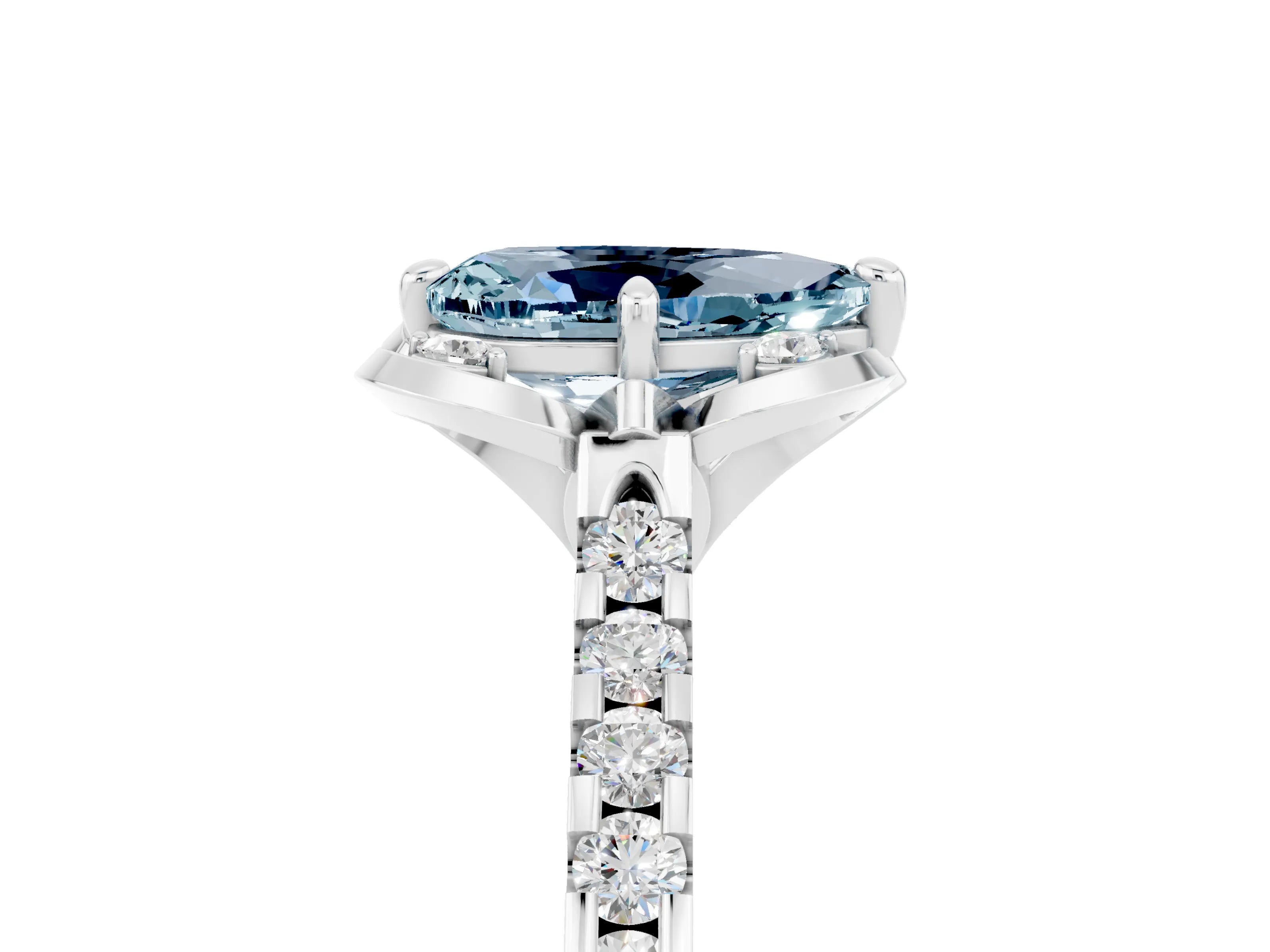 White gold Pear Cut Aquamarine Ring with Pavé Band and Floral Prong Setting_5