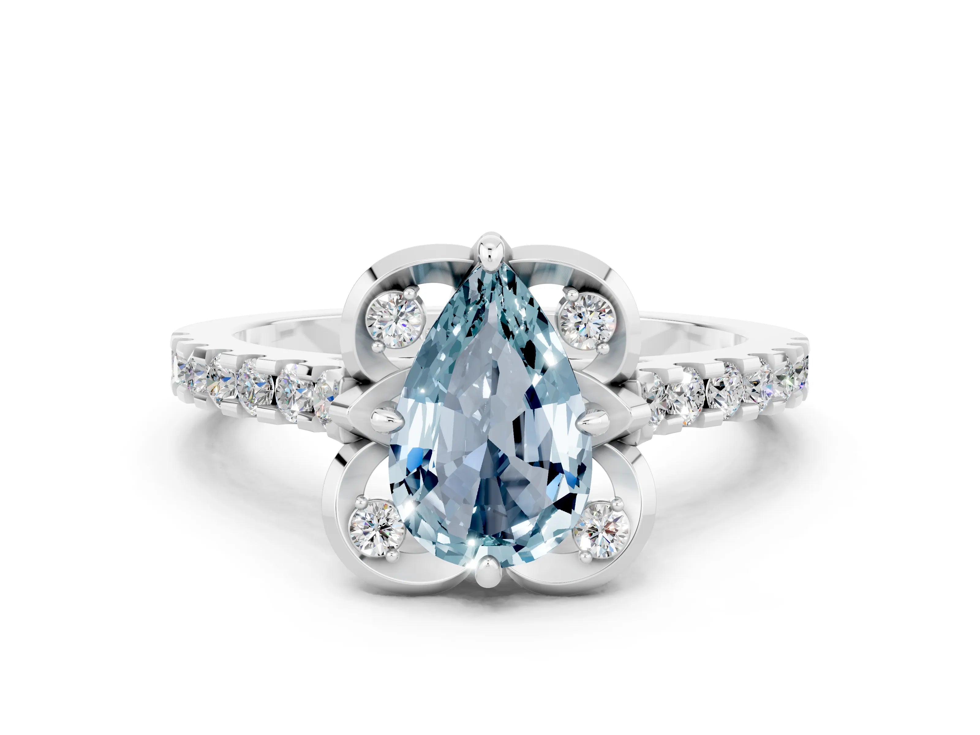 White gold Pear Cut Aquamarine Ring with Pavé Band and Floral Prong Setting