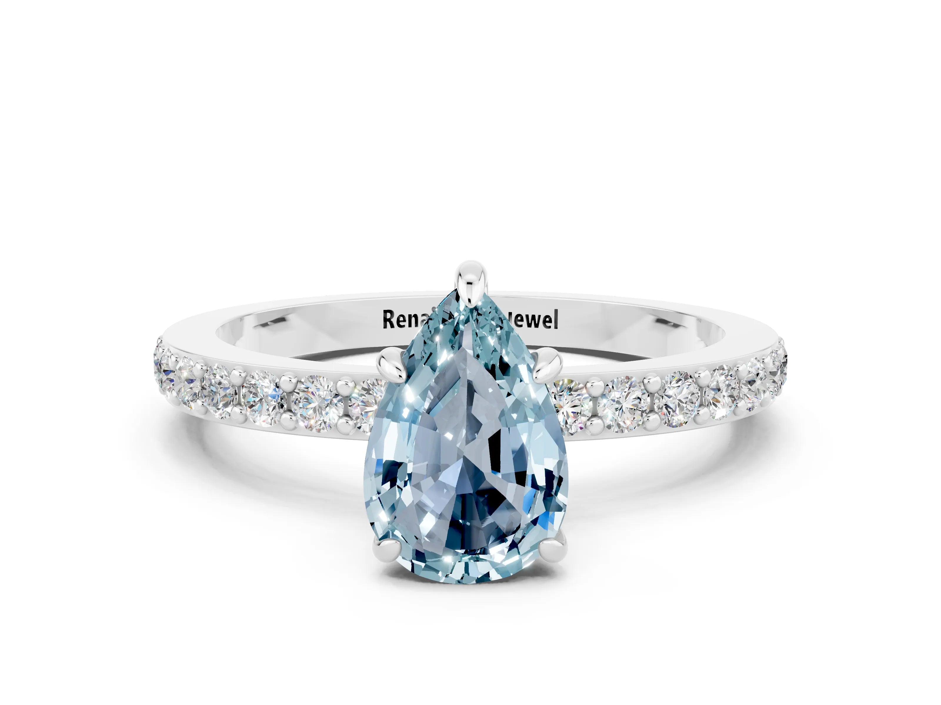 White gold Pear Cut Aquamarine Ring with Pavé Band and Four-Prong Setting