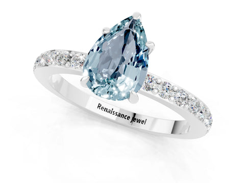 White gold Pear Cut Aquamarine Ring with Pavé Band and Four-Prong Setting_1