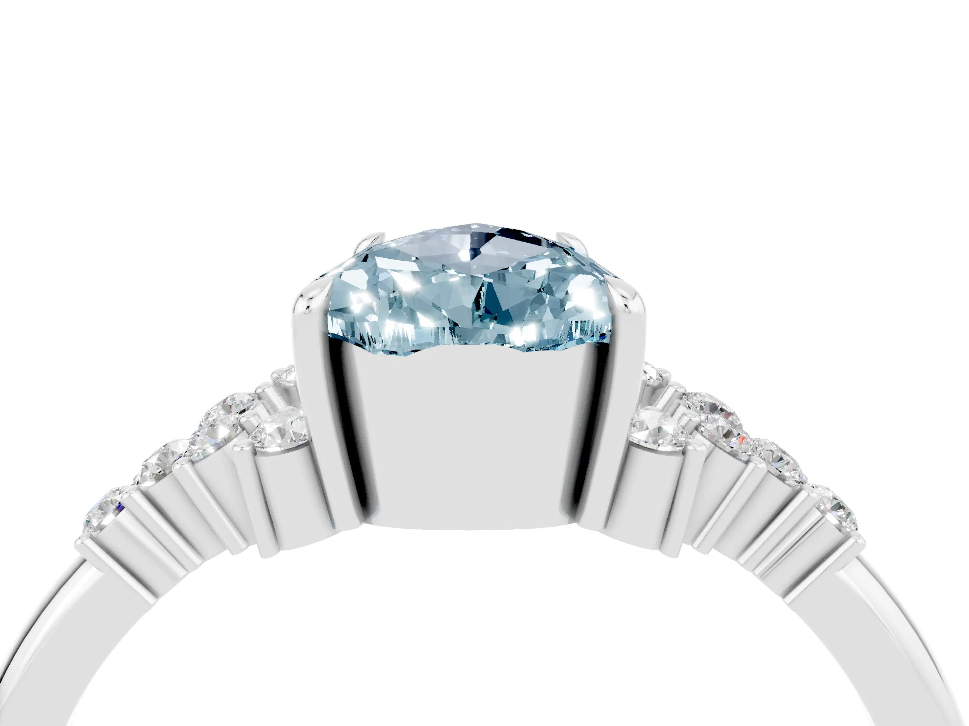 White gold Pear Cut Aquamarine Ring with Side Stones and Four-Prong Setting_40