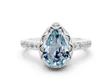 White gold Pear Cut Aquamarine Scalloped Halo Engagement Ring with Round Shared Prong Band_36