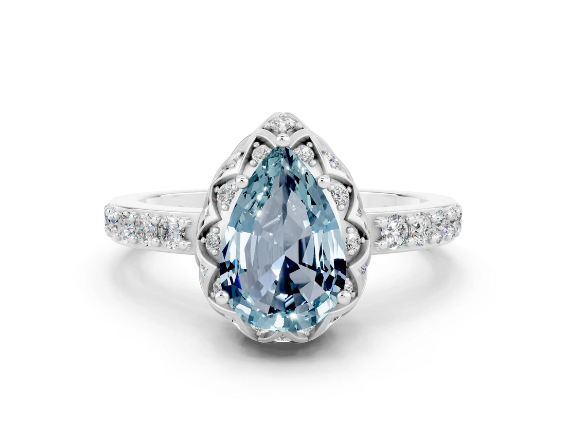 White gold Pear Cut Aquamarine Scalloped Halo Engagement Ring with Round Shared Prong Band_48