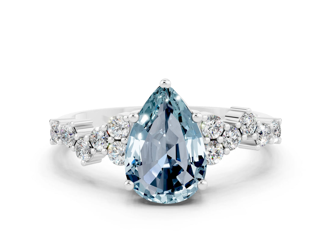 White gold Pear Cut Aquamarine Scattered Round Accent Ring with Prong Setting_24