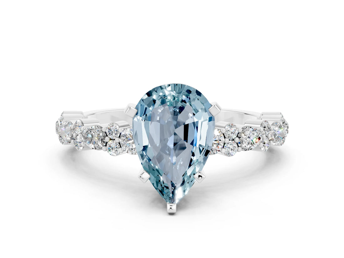 White gold Pear Cut Aquamarine Side Stone Solitaire Ring with Round  and Four-Prong Setting_36