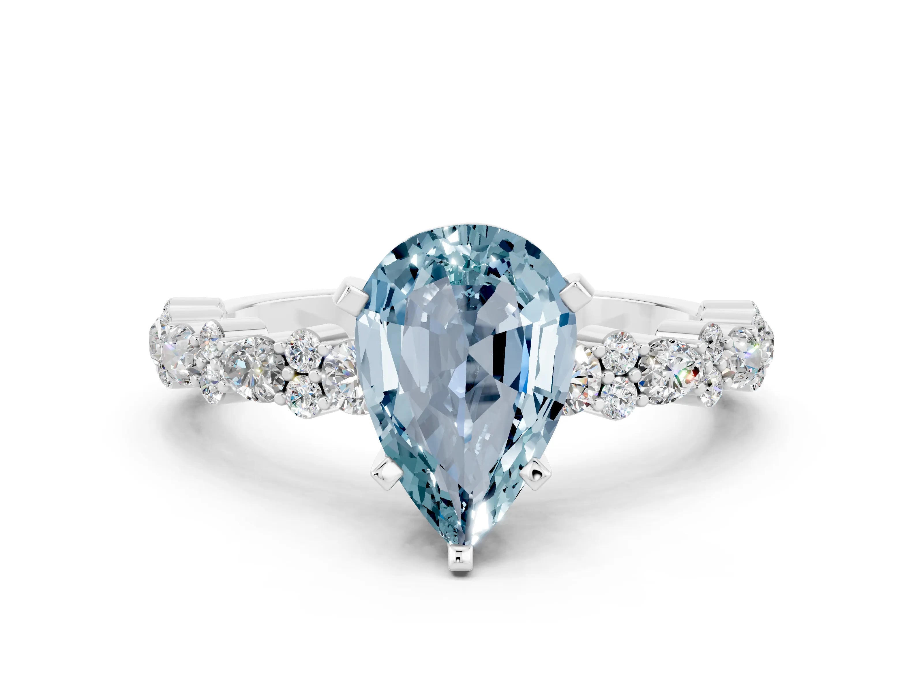 White gold Pear Cut Aquamarine Side Stone Solitaire Ring with Round  and Four-Prong Setting_36