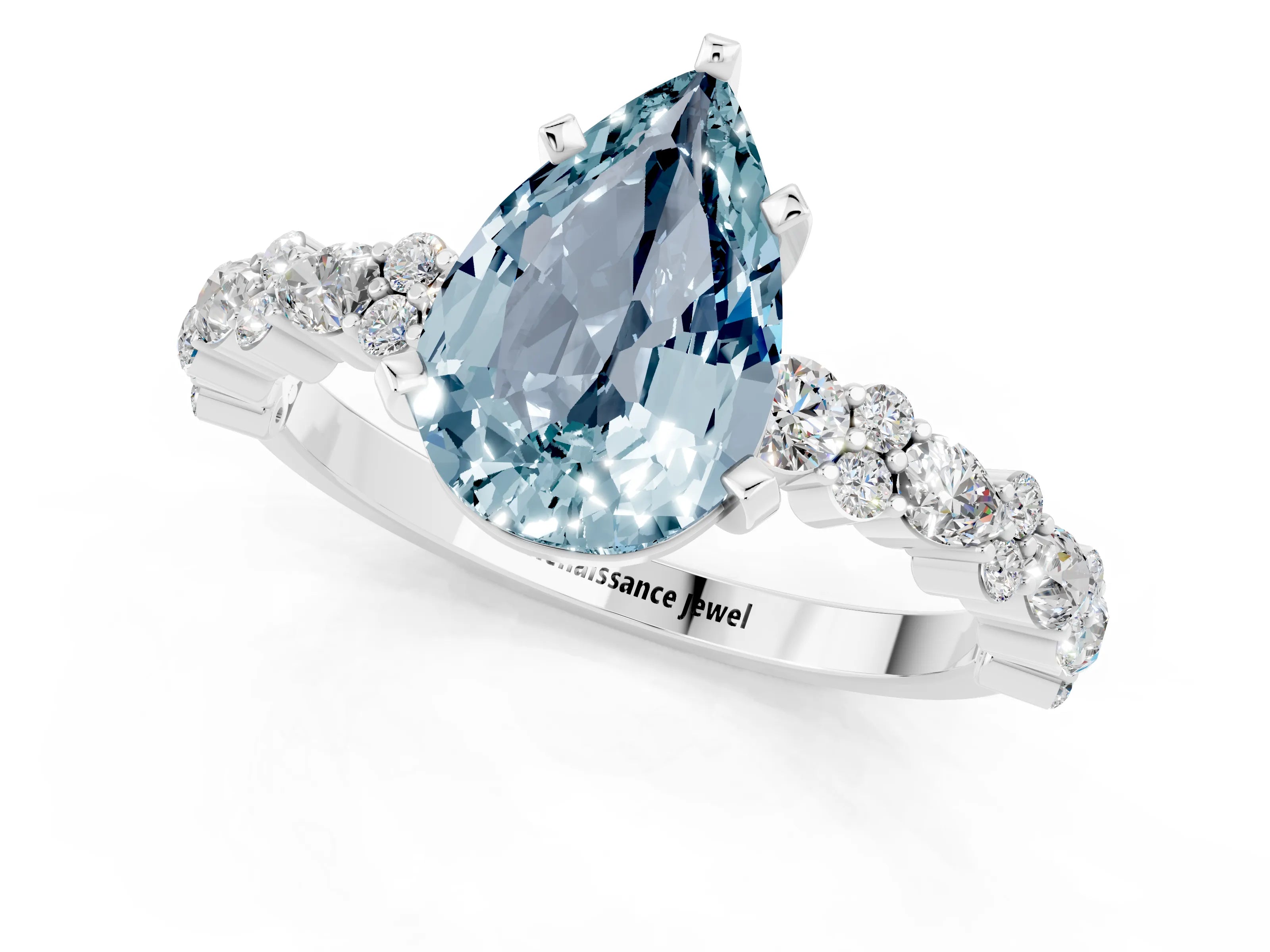 White gold Pear Cut Aquamarine Side Stone Solitaire Ring with Round  and Four-Prong Setting_37