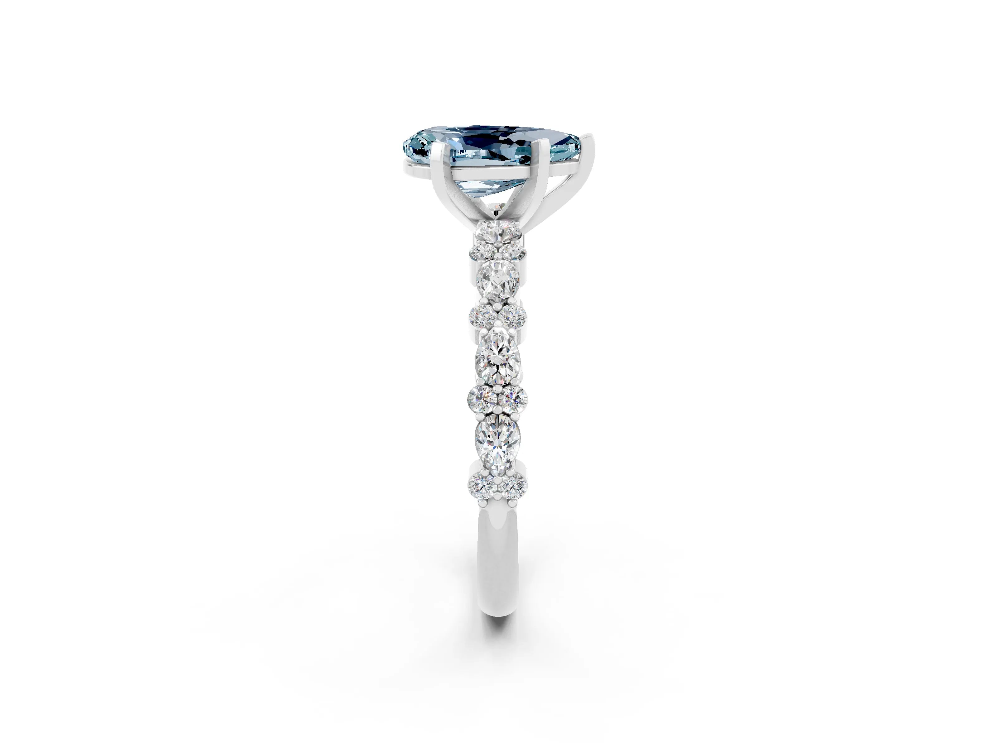 White gold Pear Cut Aquamarine Side Stone Solitaire Ring with Round  and Four-Prong Setting_38