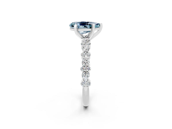 White gold Pear Cut Aquamarine Side Stone Solitaire Ring with Round  and Four-Prong Setting