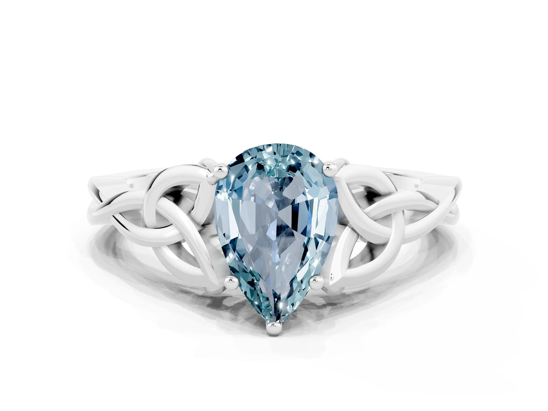 White gold Pear Cut Aquamarine Solitaire Celtic Knot Ring with Four-Prong Setting_12
