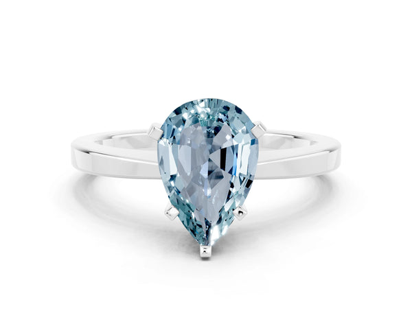 Platinum Pear Cut Aquamarine Solitaire Engagement Ring with Classic Band and Four-Prong Setting