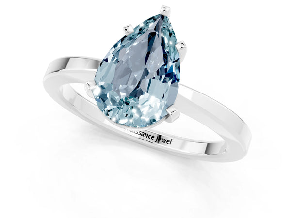 Platinum Pear Cut Aquamarine Solitaire Engagement Ring with Classic Band and Four-Prong Setting