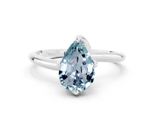 Platinum Pear Cut Aquamarine Solitaire Engagement Ring with Four-Prong Setting and Classic Band