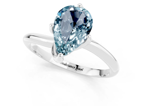 White gold Pear Cut Aquamarine Solitaire Engagement Ring with Four-Prong Setting and Classic Band