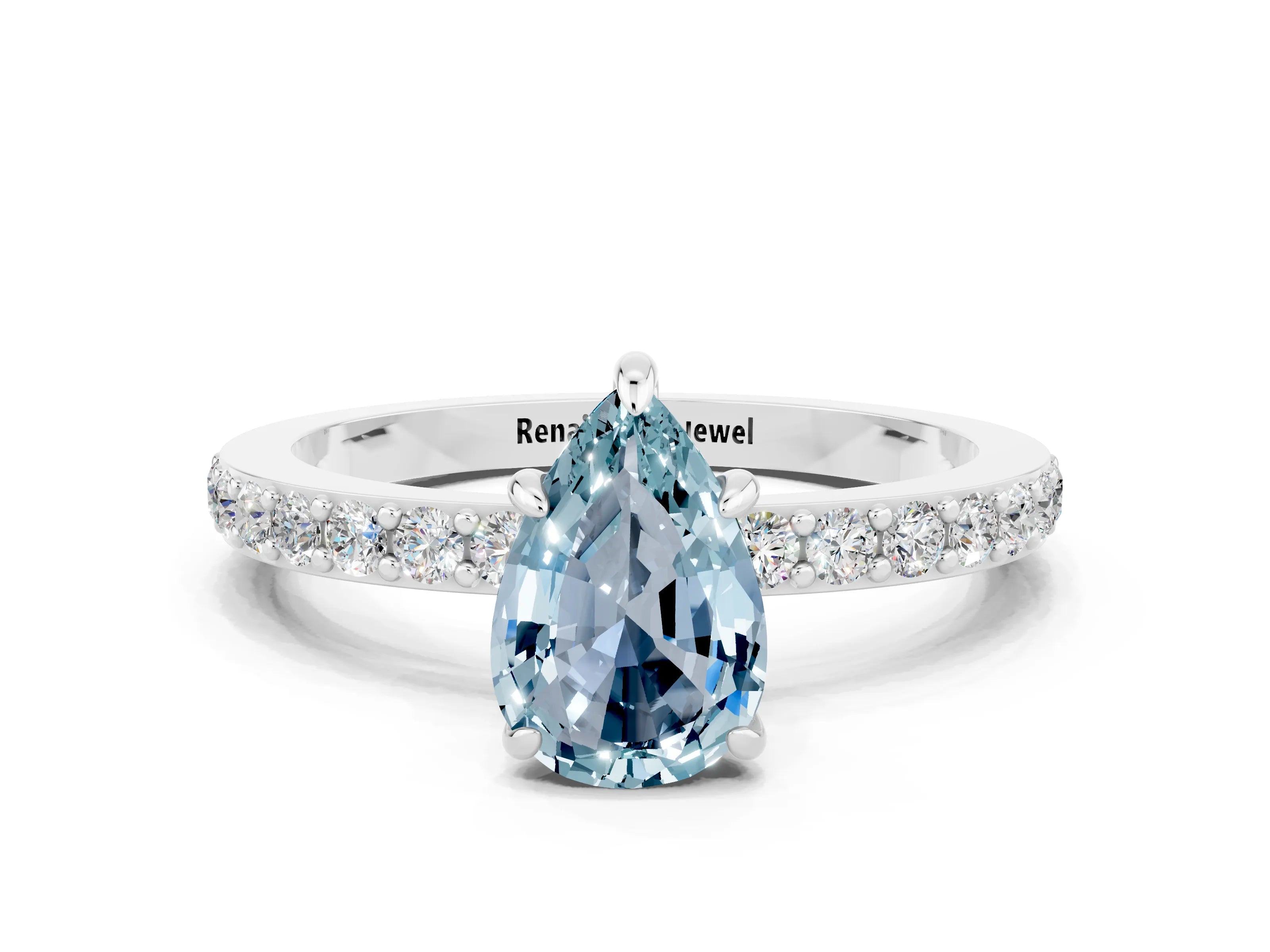 White gold Pear Cut Aquamarine Solitaire Engagement Ring with Pavé Band and Four-Prong Setting