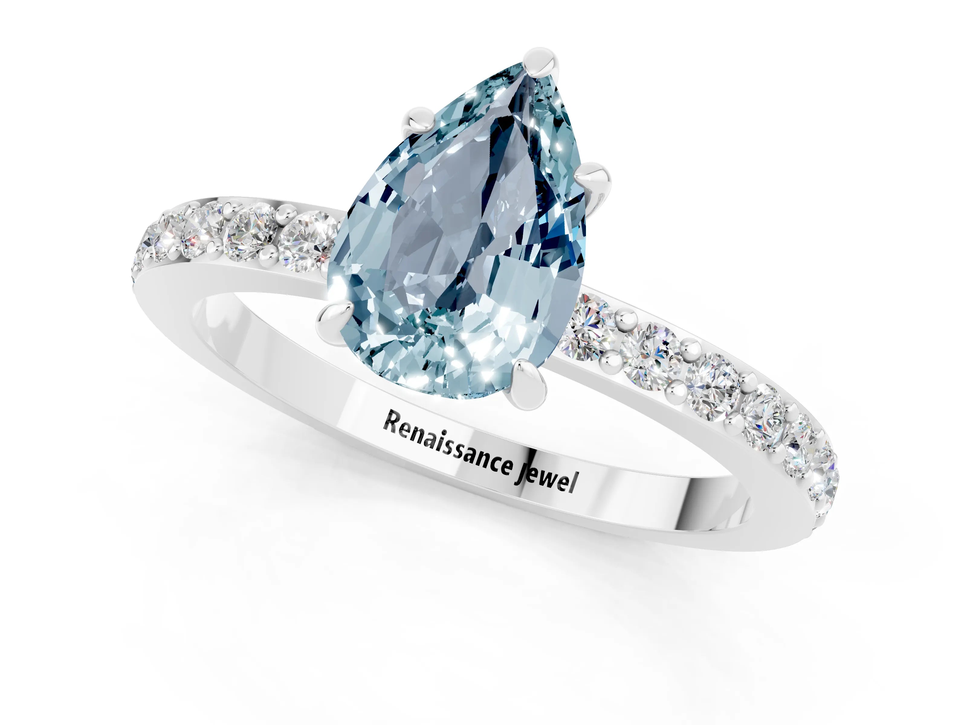 White gold Pear Cut Aquamarine Solitaire Engagement Ring with Pavé Band and Four-Prong Setting_1