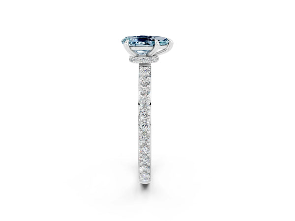 Platinum Pear Cut Aquamarine Solitaire Engagement Ring with Pavé Band and Four-Prong Setting