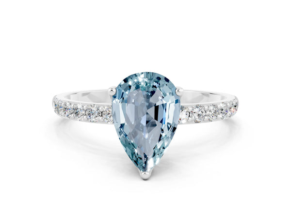 Platinum Pear Cut Aquamarine Solitaire Engagement Ring with Round  Pavé Band and Prong Setting