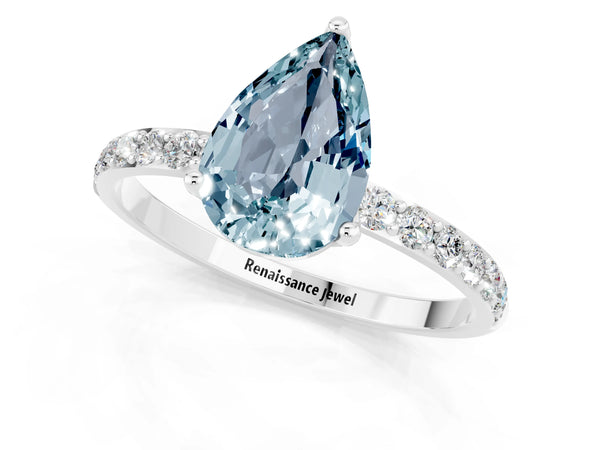 White gold Pear Cut Aquamarine Solitaire Engagement Ring with Round  Pavé Band and Prong Setting