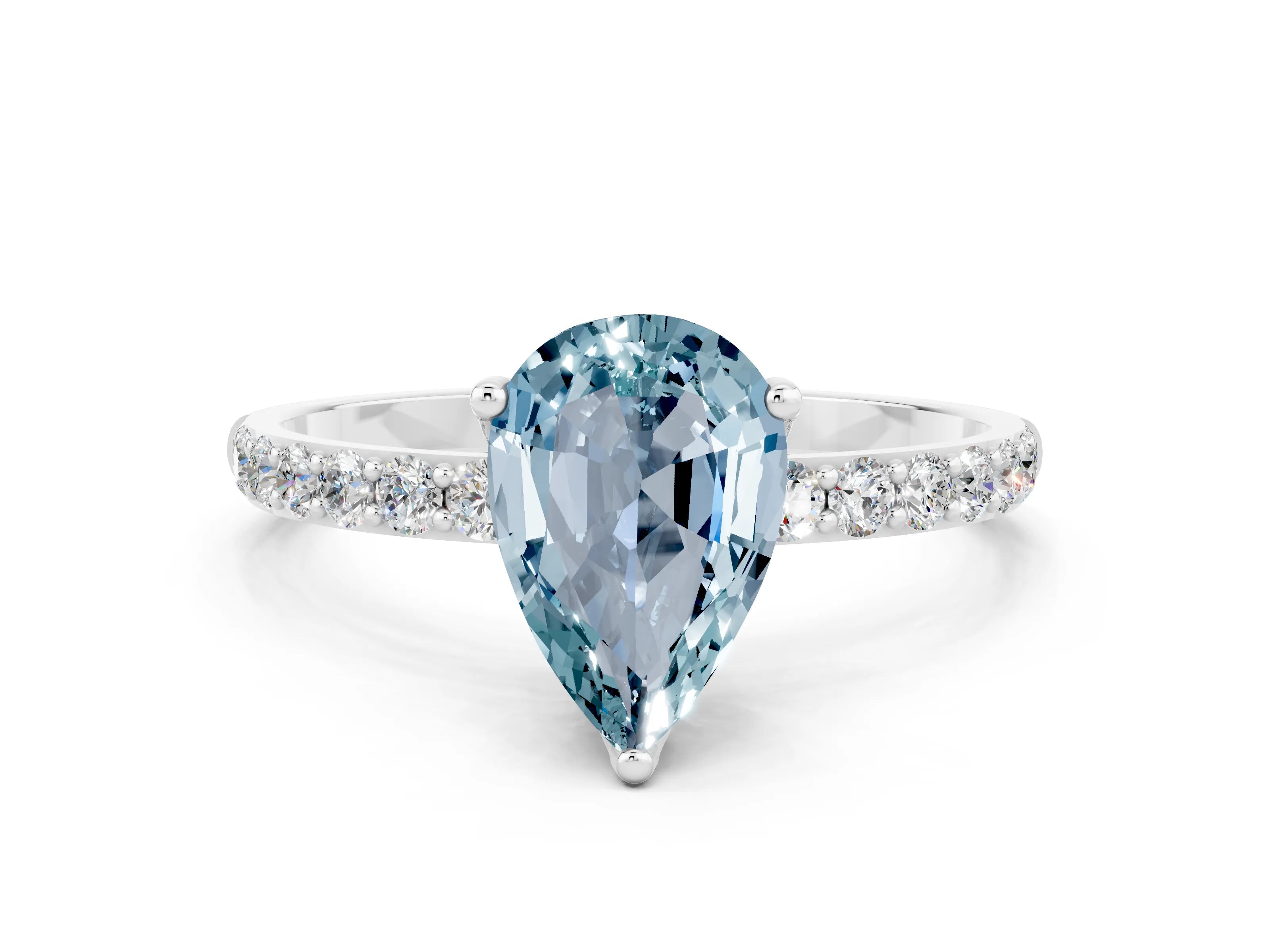 White gold Pear Cut Aquamarine Solitaire Engagement Ring with Pavé Band and Prong Setting