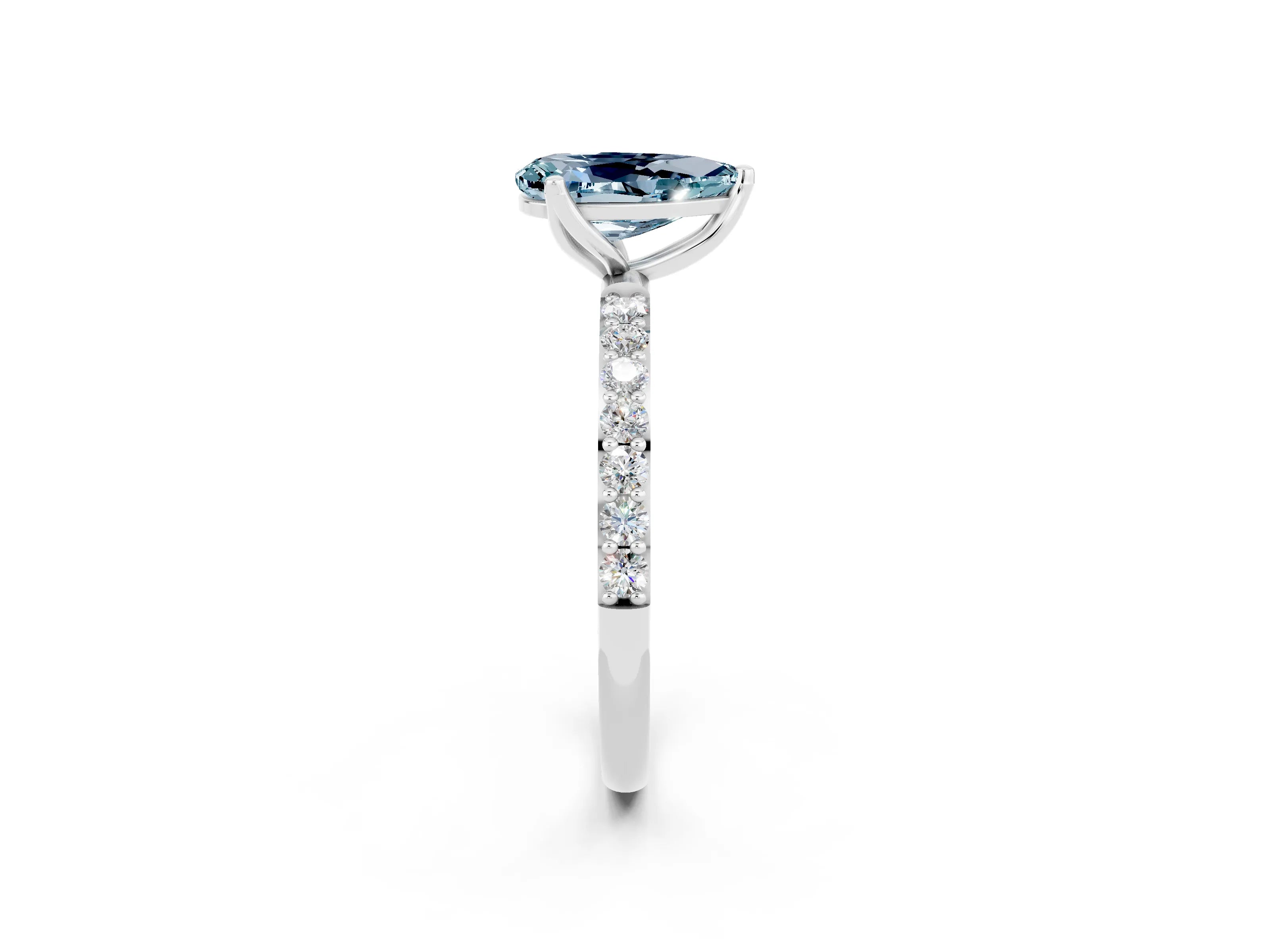 White gold Pear Cut Aquamarine Solitaire Engagement Ring with Pavé Band and Prong Setting_2
