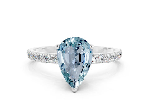 White gold Pear Cut Aquamarine Solitaire Engagement Ring with Pavé Band and Prong Setting