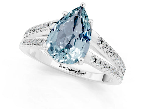 White gold Pear Cut Aquamarine Solitaire Engagement Ring with Split Shank Pavé Band_1