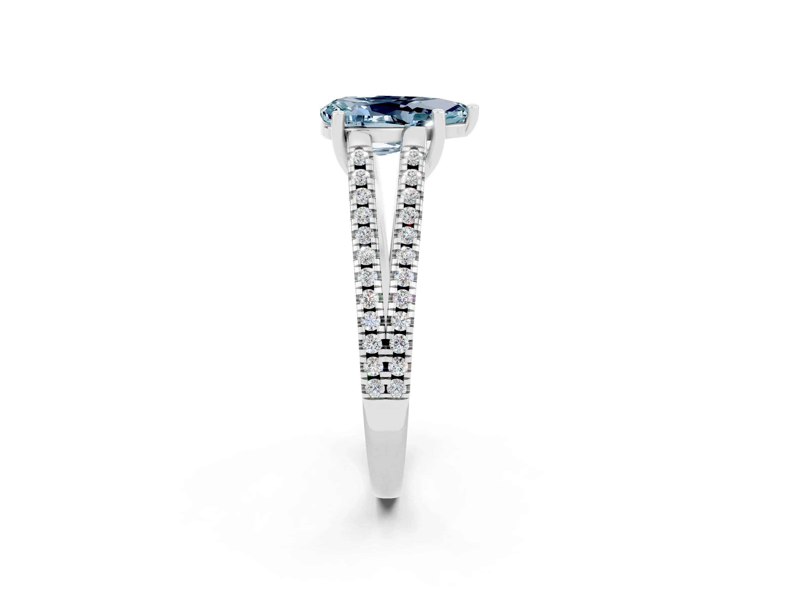 White gold Pear Cut Aquamarine Solitaire Engagement Ring with Split Shank Pavé Band_2