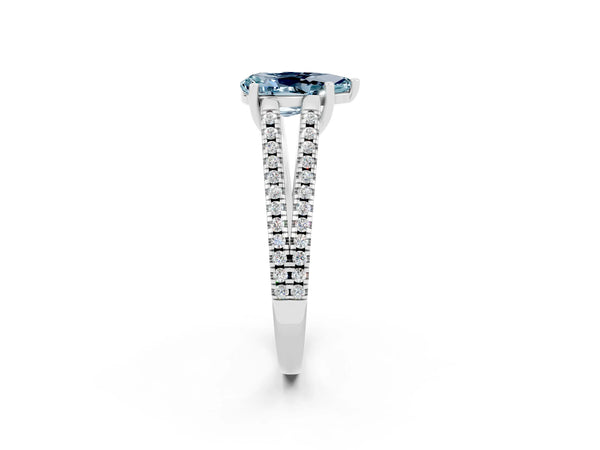 Silver Pear Cut Aquamarine Solitaire Engagement Ring with Split Shank Pavé Band