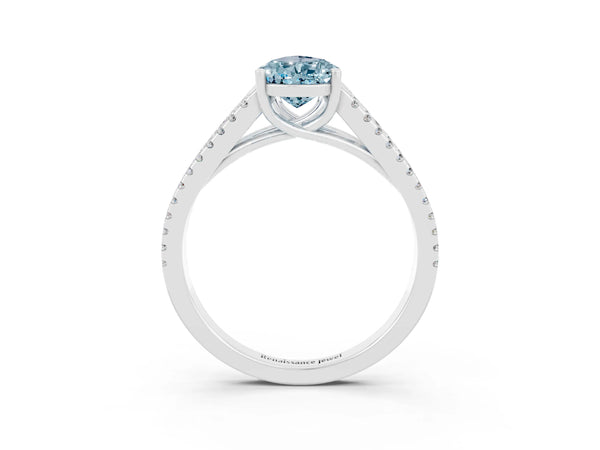 Silver Pear Cut Aquamarine Solitaire Engagement Ring with Split Shank Pavé Band