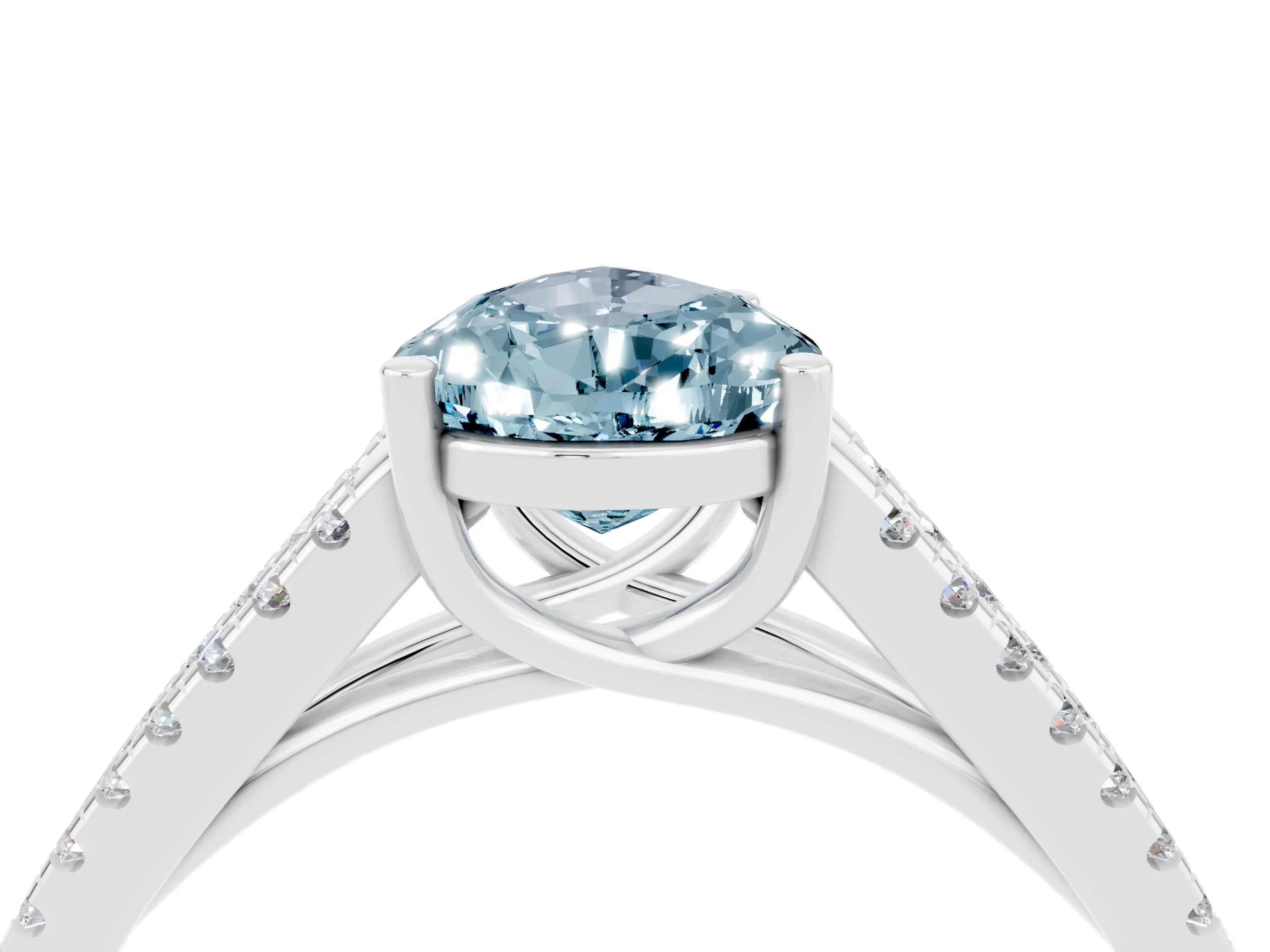 White gold Pear Cut Aquamarine Solitaire Engagement Ring with Split Shank Pavé Band_4
