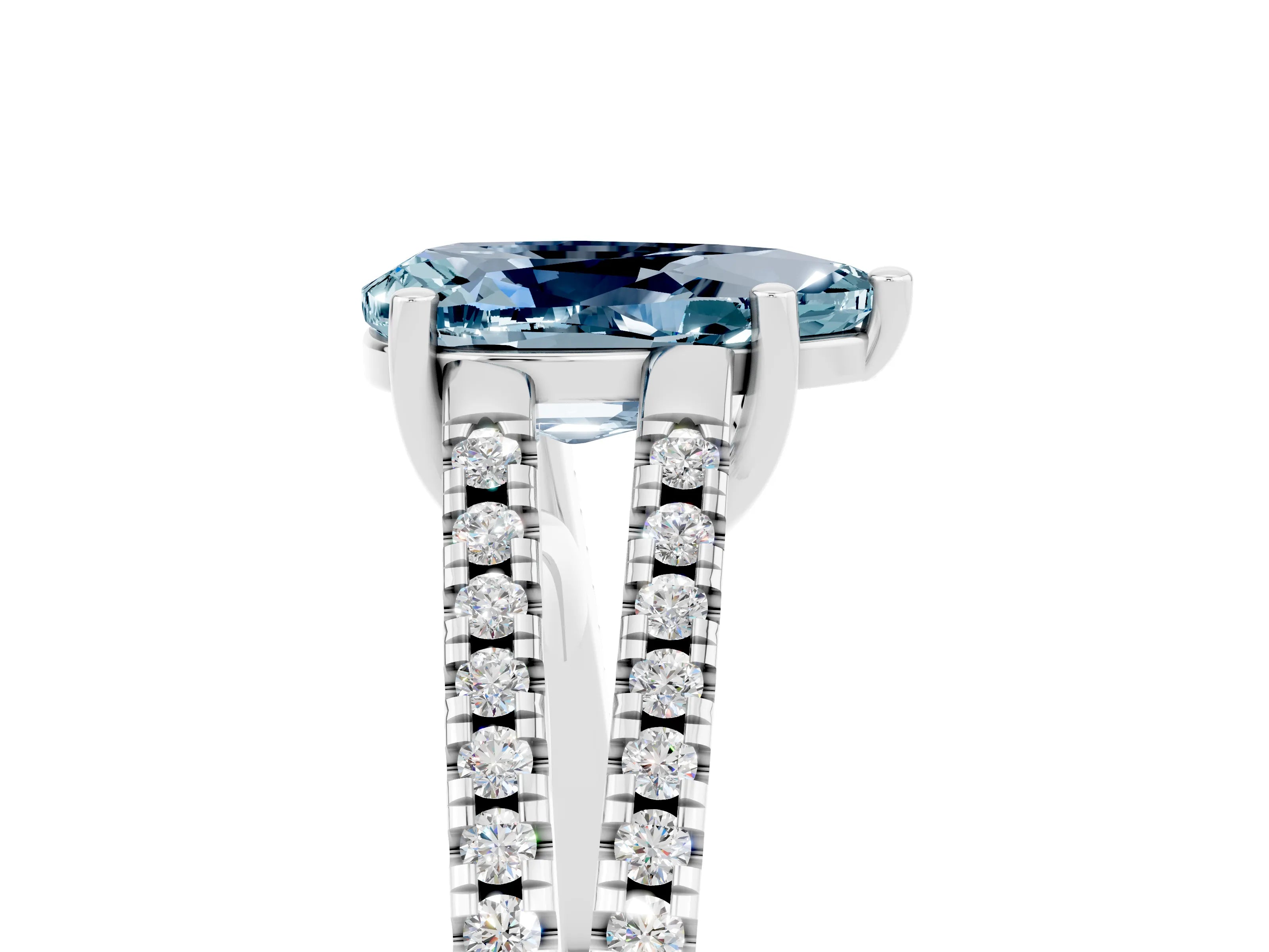 White gold Pear Cut Aquamarine Solitaire Engagement Ring with Split Shank Pavé Band_5