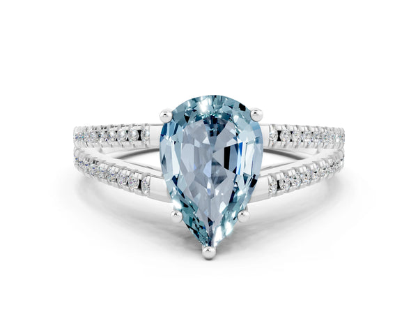 White gold Pear Cut Aquamarine Solitaire Engagement Ring with Split Shank Pavé Band
