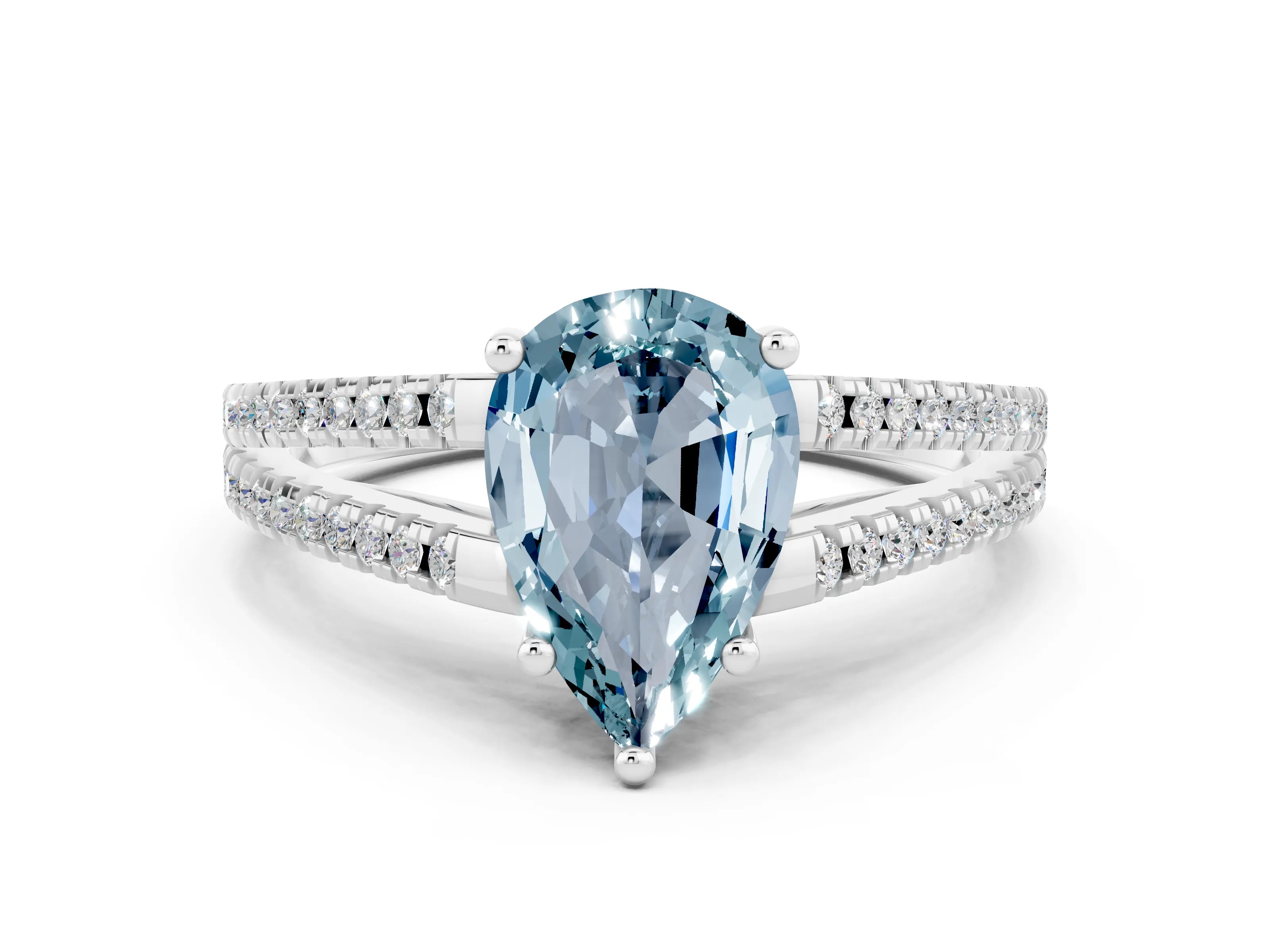 White gold Pear Cut Aquamarine Solitaire Engagement Ring with Split Shank Pavé Band