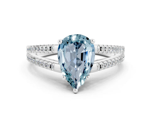 White gold Pear Cut Aquamarine Solitaire Engagement Ring with Split Shank Pavé Band