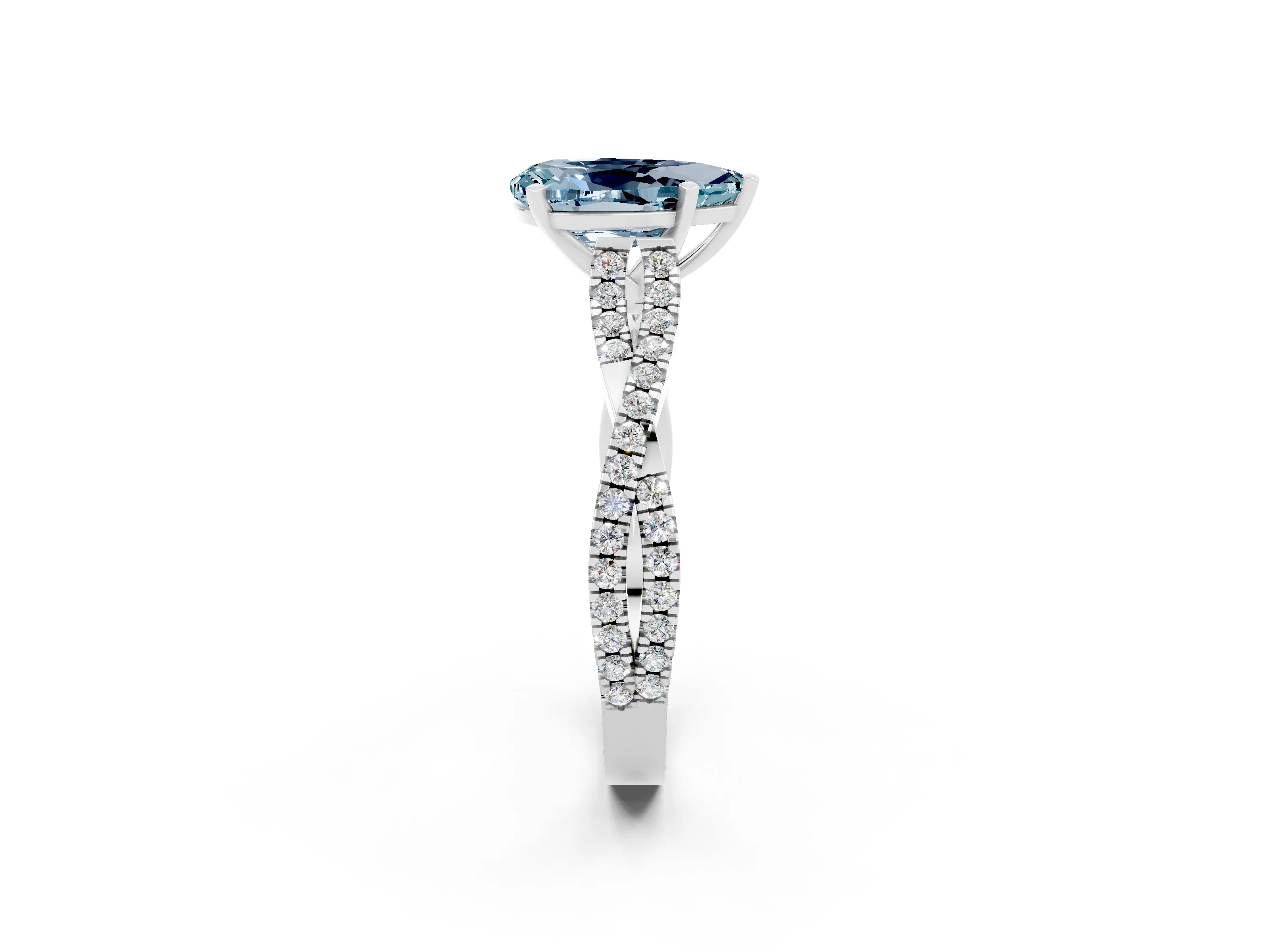White gold Pear Cut Aquamarine Solitaire Engagement Ring with Twisted Pavé Band and Four-Prong Setting_2