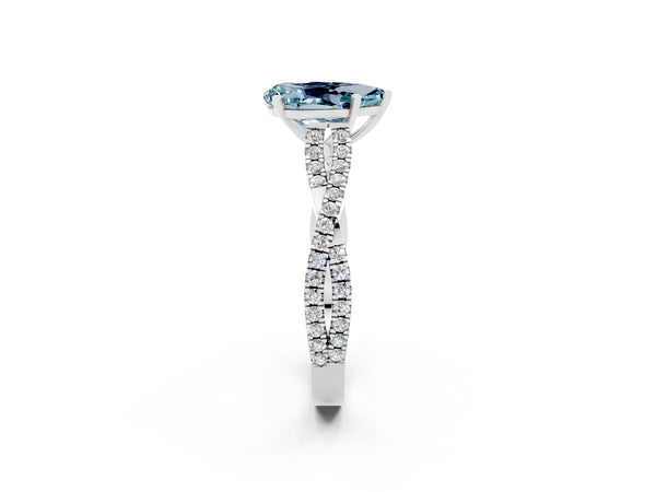 White gold Pear Cut Aquamarine Solitaire Engagement Ring with Twisted Pavé Band and Four-Prong Setting