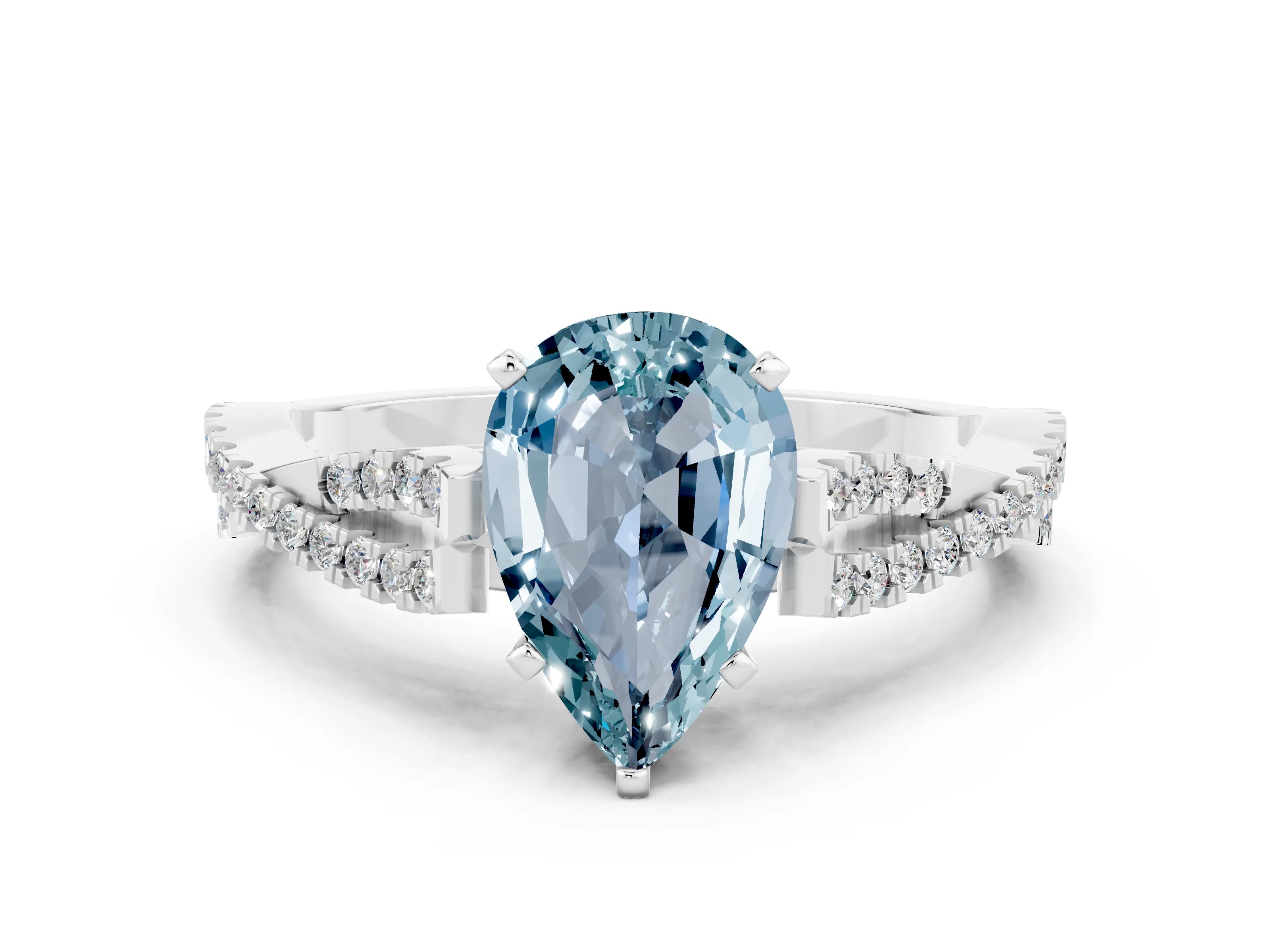 White gold Pear Cut Aquamarine Solitaire Engagement Ring with Twisted Pavé Band and Four-Prong Setting